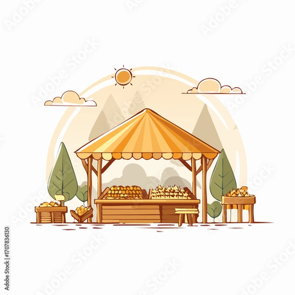 Obraz Pixel Art Farmers Market Stall With Orange Canopy And Produce Under Sunny Sky