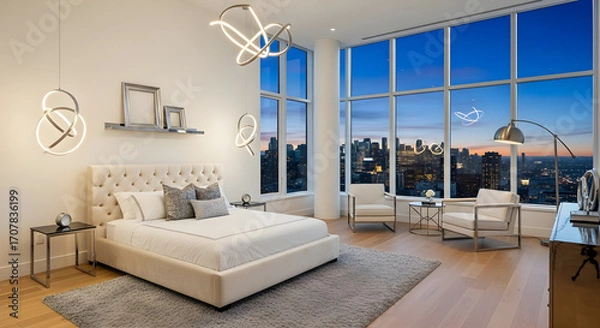 Fototapeta Luxurious modern bedroom with a stunning city view at dusk, featuring a king-size bed, elegant lighting, and comfortable seating.