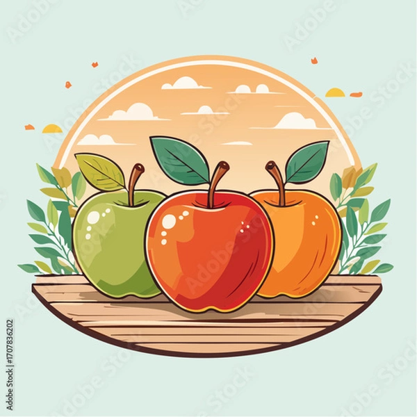 Obraz Three Apples on Wooden Table with Sky and Clouds Background