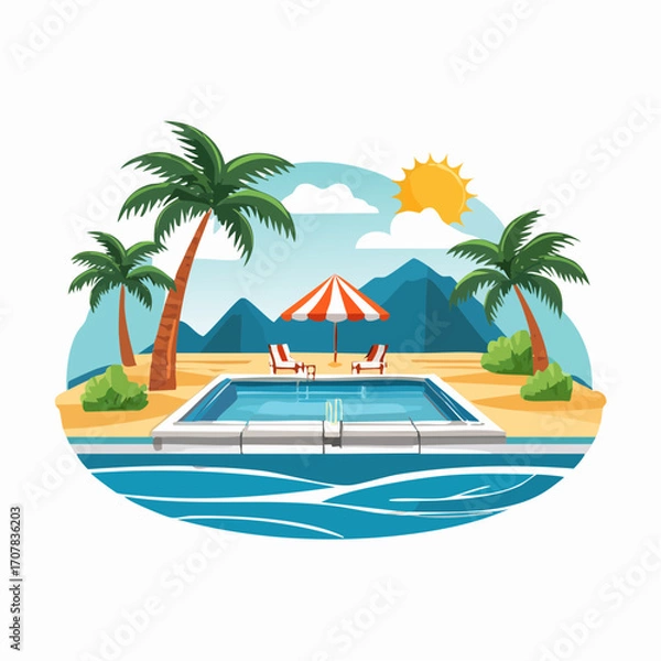 Obraz Tropical Beach Poolside Oasis with Palm Trees and Mountains