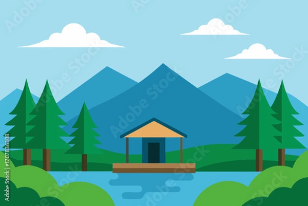 Fototapeta Forest Shelter by Gentle Lake Vector Illustration