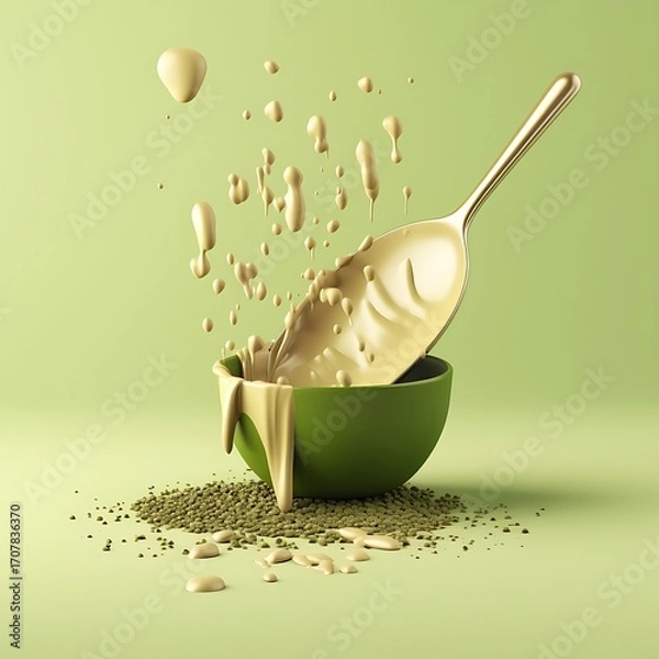 Fototapeta Green Bowl Mockup with Splashing Cream and Spoon