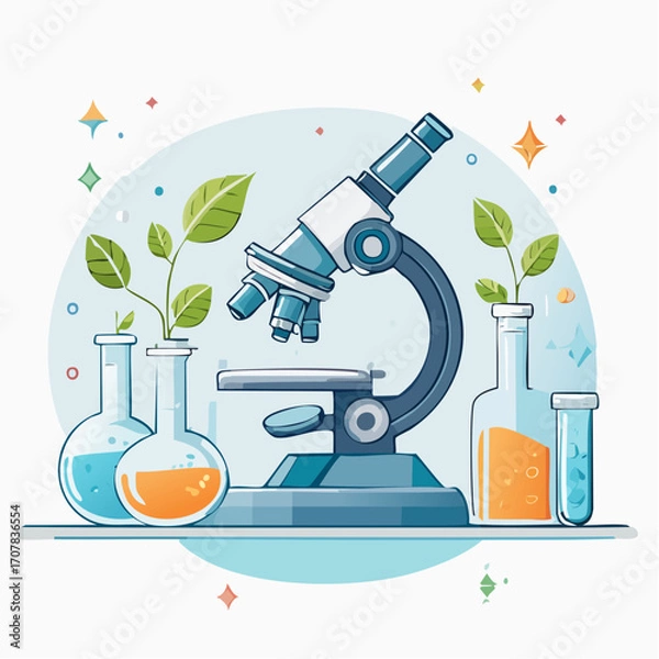 Obraz Blue Microscope With Plant Samples and Beakers in Laboratory Setting