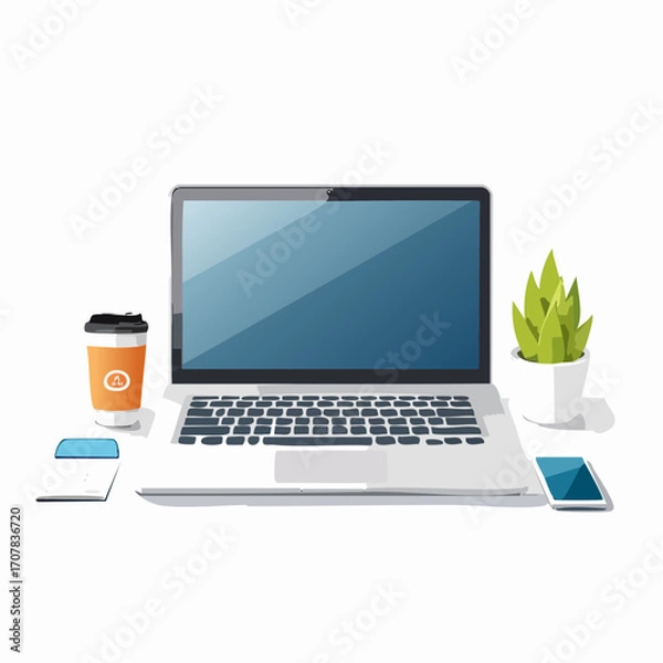 Obraz Silver Laptop With Blank Screen Coffee Plant and Phone on White Table