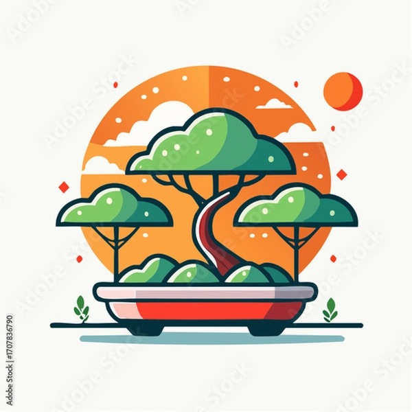 Obraz Pixel Art Bonsai Tree In Red Pot With Orange Sunset Background
