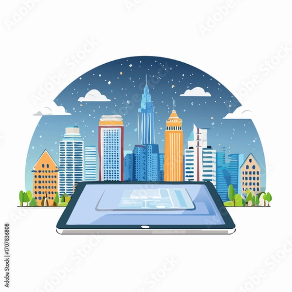 Obraz Modern City Skyline At Night Projected On Tablet