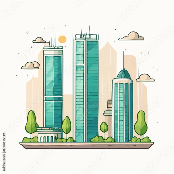 Obraz Modern Cityscape With Green Skyscrapers And Lush Trees