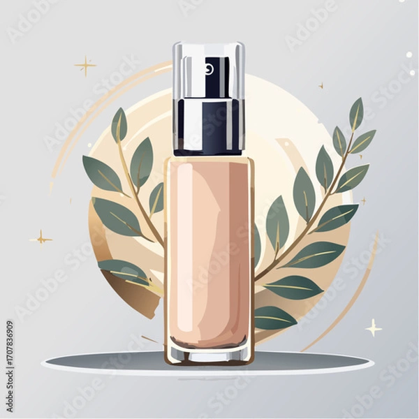 Obraz Beige Foundation Bottle With Green Leaf Illustration on Grey Background
