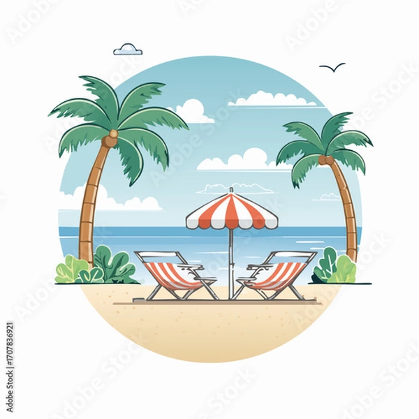 Obraz Pixel Art Tropical Beach Scene With Two Lounge Chairs And Parasol