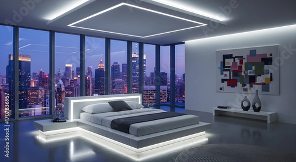 Fototapeta Modern bedroom with a city skyline view at dusk, featuring a platform bed with LED lighting and contemporary art.