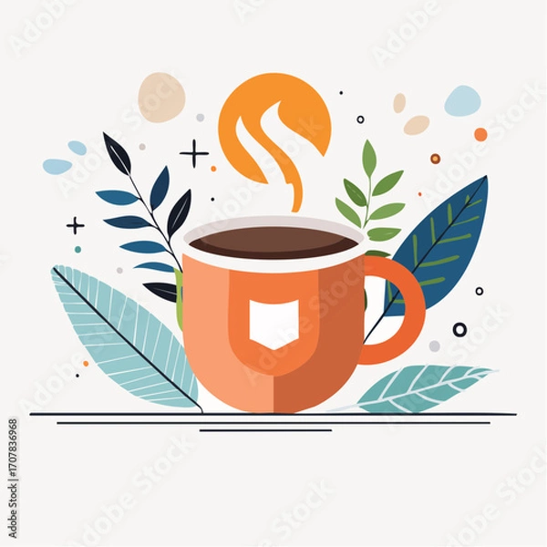Obraz Steaming Orange Coffee Mug with Floral Design and Abstract Elements