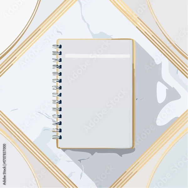 Obraz Blank Notebook With Gold Cover on Marble Background With Gold Geometric Shapes