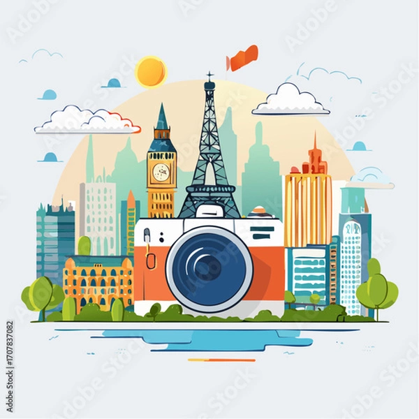 Obraz Camera With City Skyline Backdrop