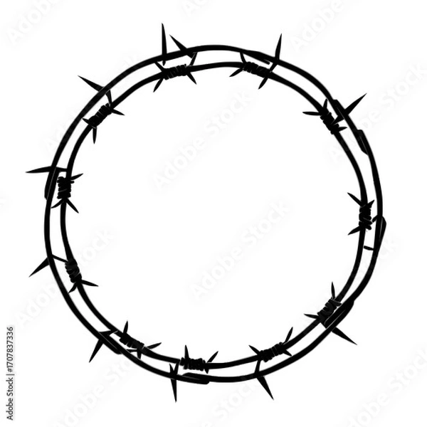 Fototapeta Isolated on a white background is a steel barbwire set, featuring a circle frame made from twisted wire with barbs, which forms a modern and realistic seamless border of metal chain with sharp thorns