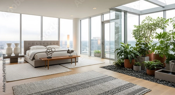 Fototapeta Luxurious modern bedroom with floor-to-ceiling windows, a king-size bed, and an indoor garden oasis.