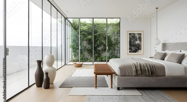 Fototapeta A spacious and modern bedroom with large glass windows overlooking a lush green garden, featuring a comfortable bed and minimalist decor.