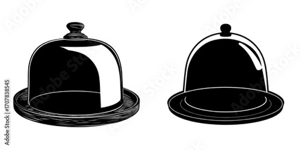 Obraz This modern setup features a glass dome that is circular and accompanied by a wooden tray, ideal for storing food or showcasing products with a reflective surface against a plain white backdrop