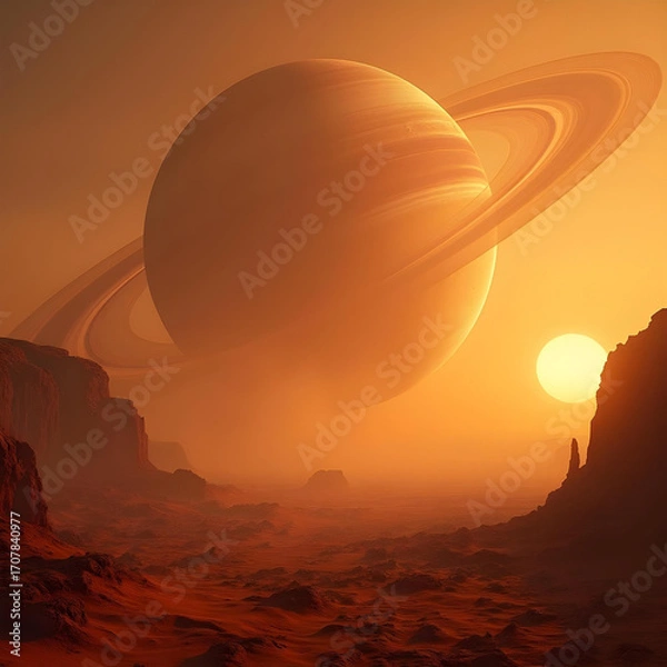 Fototapeta Breathtaking view of massive gas giant with intricate ring system, illuminated by distant sun. Landscape features rocky terrain and starry sky, evoking sense of wonder and exploration