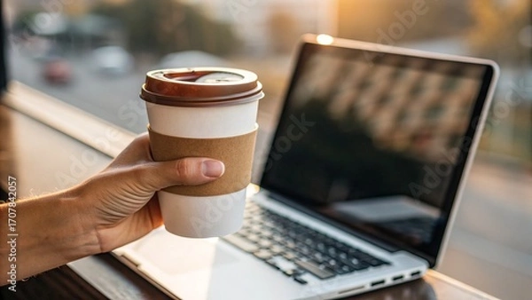 Fototapeta Gig Economy and Remote work, A person holds a coffee cup while working on a laptop