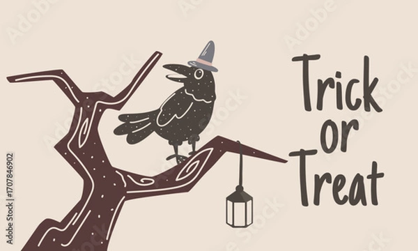 Fototapeta Halloween crow in wizard hat sitting on tree branch with lantern and Trick or Treat text, cartoon vector illustration for holiday greeting cards, posters, party invitations, spooky decor.