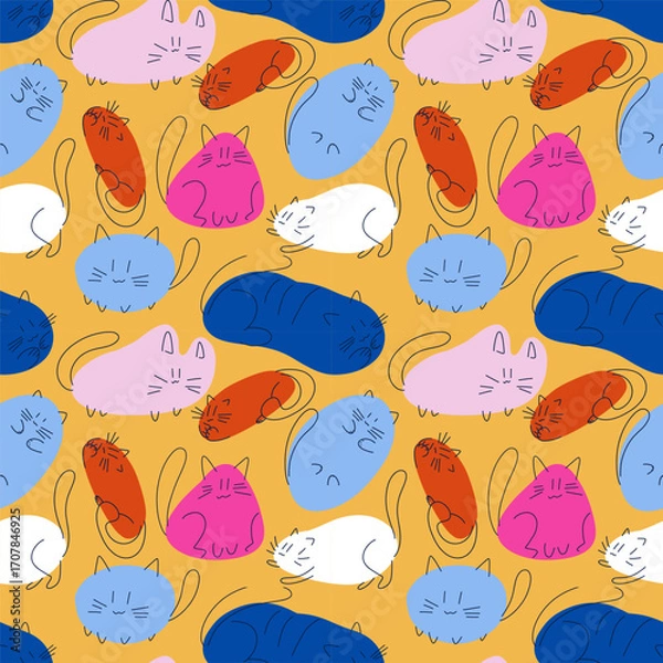 Fototapeta Seamless pattern with colorful abstract cats on yellow background for fabric, wallpaper, and gift wrap.