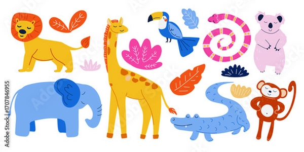 Fototapeta Colorful jungle animals illustration with lion, giraffe, elephant, crocodile, monkey, koala, toucan, and snake in playful style for kids prints and decor.