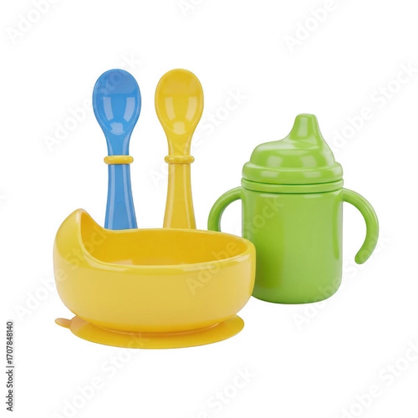 Fototapeta Brightly colored baby feeding set with spoons and sippy cup transparent background