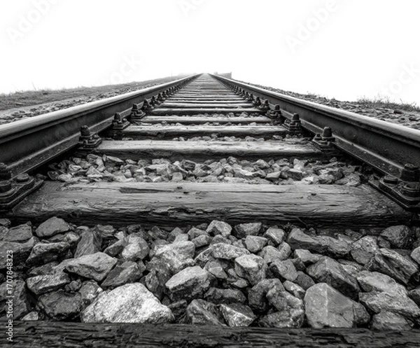 Fototapeta Train tracks stretching to the horizon in b&w PNG, isolated on transparent background