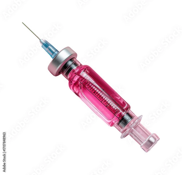 Fototapeta Vaccination event syringe with pink liquid in lab PNG, isolated on transparent background