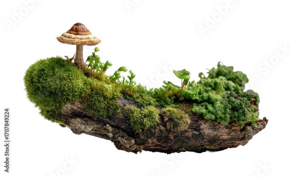 Fototapeta Mushroom growing on mossy log nature scene PNG, isolated on transparent background