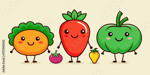 Fototapeta Cute Healthy Food Characters Collection Featuring Broccoli, Tomato, and Carrot with Smiling Faces