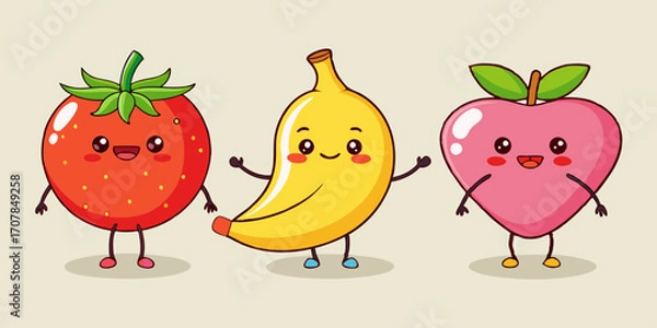 Fototapeta Set of Cute Fruit Characters with Banana, Strawberry, and Other Happy Fruit