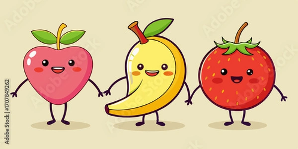 Fototapeta Set of Cute Fruit Characters with Banana, Strawberry, and Other Happy Fruit