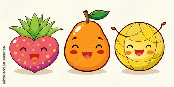 Fototapeta Set of Funny Fruits with Faces – Orange, Pear, Pineapple Cartoon Expressions