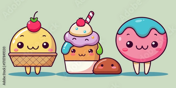 Fototapeta Cute Dessert Cartoon Character Set with Cupcake, Donut, and Ice Cream Cone Illustrations