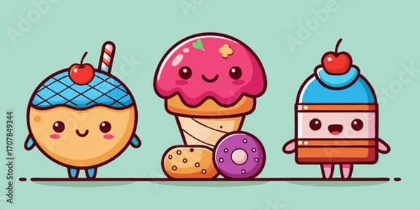Fototapeta Cute Dessert Cartoon Character Set with Cupcake, Donut, and Ice Cream Cone Illustrations