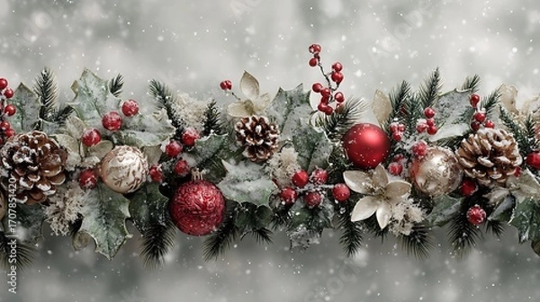 Fototapeta Elegant christmas garland with red and silver ornaments, pine cones, berries, and frosted greenery on snowy background