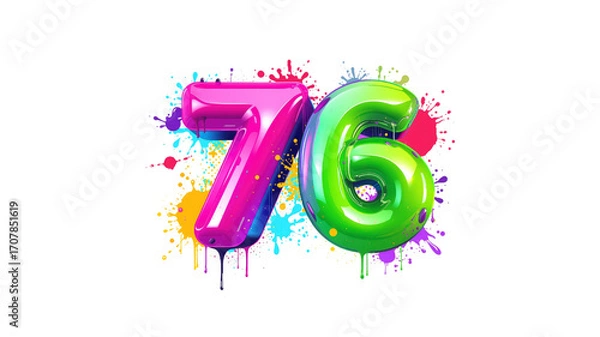 Fototapeta Colorful 3D Number 76 with Paint Splatter Background -  Birthday, Anniversary, Celebration Design