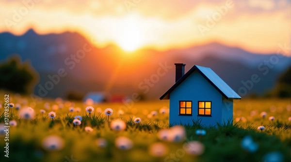 Obraz Tiny house in flower field with mountain view