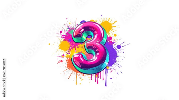 Fototapeta Vibrant 3D Number Three with Colorful Paint Splatter Background