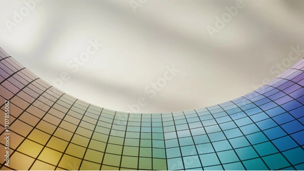 Fototapeta Curved colorful silicon wafer with grid pattern, abstract technology background
