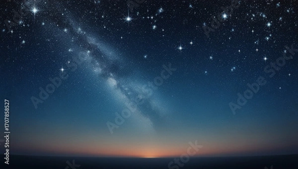 Fototapeta Background sky, deep night with countless sparkling stars, faint Milky Way galaxy glow, dreamy and peaceful atmosphere, gradient from dark blue to black