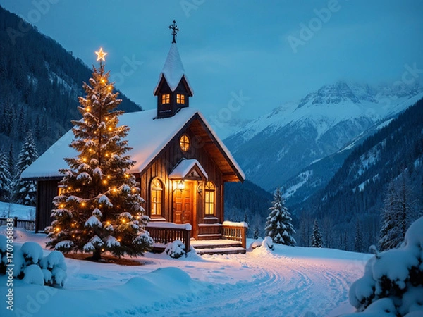 Obraz Ein Christbaum vor einer Kapelle in den Bergen