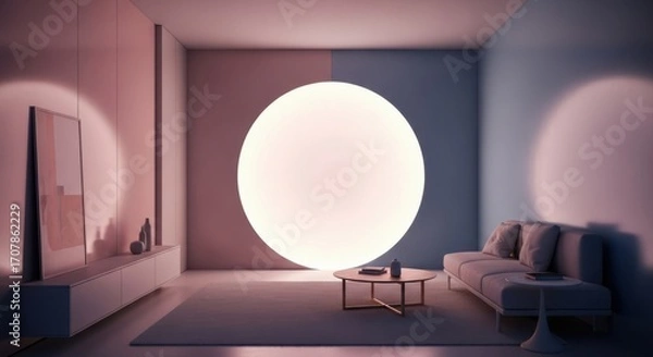 Obraz Modern living room with large oval lamp and soft ambient lighting