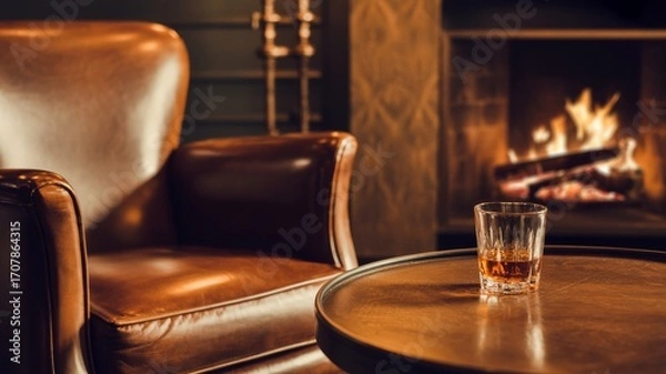 Fototapeta Cozy evening scene with glowing fireplace, polished wood table, and amber drink — ideal for seasonal posters, editorial use, and digital backgrounds