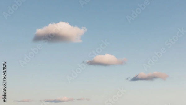 Fototapeta Daytime sky, clear blue gradient, few soft fluffy white clouds, minimalist clean background, calming and simple