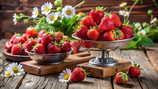 Obraz Fresh ripe strawberries in bowls with flowers on rustic wooden table