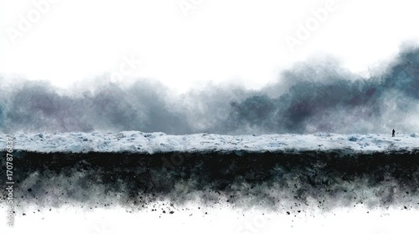 Obraz Ethereal Landscape with Snowy Terrain and Dramatic Clouds, Capturing the Essence of Nature's Beauty and Serenity in a Unique Artistic Style