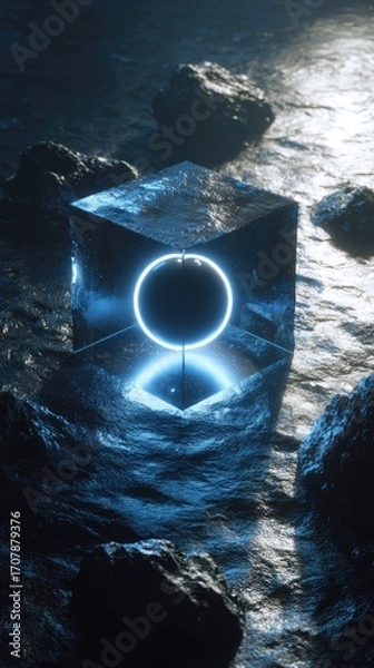 Fototapeta A dark, reflective cube with a glowing circular halo sits in shallow, rippling water amongst dark rocks, lit by an unseen light source, creating a mysterious and serene digital art scene