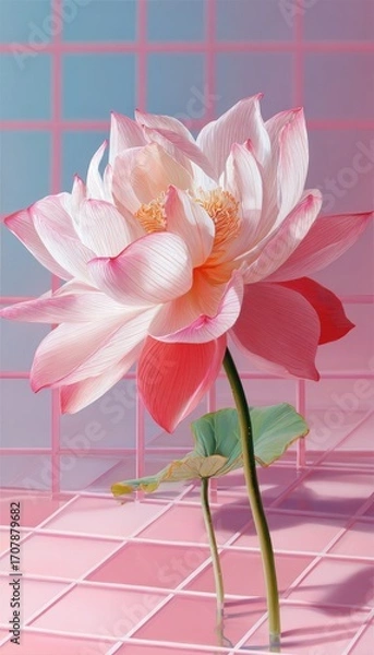 Fototapeta A delicate pink lotus flower with a single leaf, elegantly presented against a pastel pink and blue gridded background.  Soft lighting casts gentle shadows